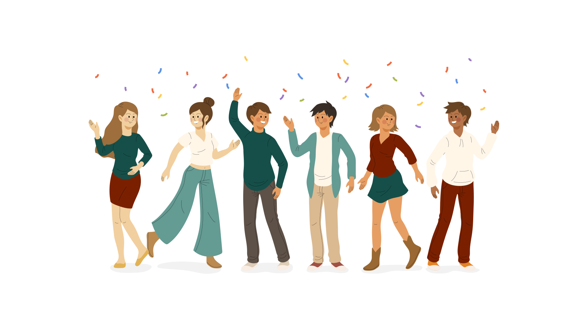 Illustration de six jeunes personnes dansantes sous des confettis colorés, exprimant la joie et la convivialité lors d’un moment festif.<br />
